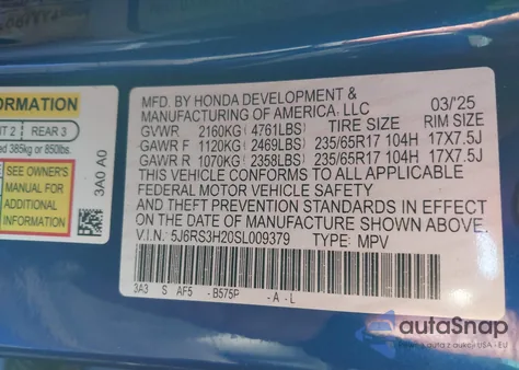2025 Honda Cr-V Lx 2Wd from USA, damaged, VIN 5J6RS3H20SL009379